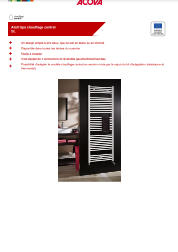 Sèche-serviettes Atoll Spa eau chaude 716 W Acova, blanc, hauteur 1468 mm largeur 500 mm, vue du produit