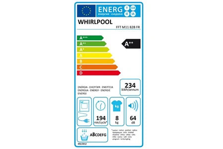Sèche-linge Whirlpool pompe à chaleur 60 cm 8 kg FFTM1182BFR, vue de face
