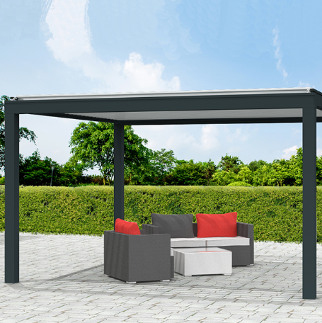 Pergola bioclimatique gamme Eco pose en îlot, largeur 817 cm avancée 1000 cm, vue du produit