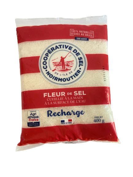 Fleur de sel de Noirmoutier en sachet recharge de 400 g Nature & Progrès, vue du produit