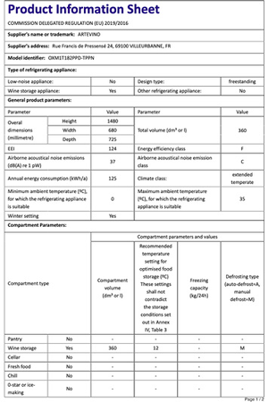 Cave de vieillissement Artevino OXM1T182PPD, conservation des vins, vue en perspective