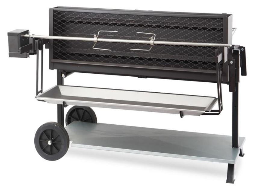 Barbecue méchoui sur chariot, barbecue traditionnel au charbon de bois, vue de face